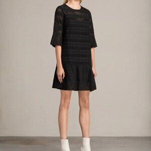 Allsaints Dakota Black Eyelet Lace Bell Sleeved Dress size 4